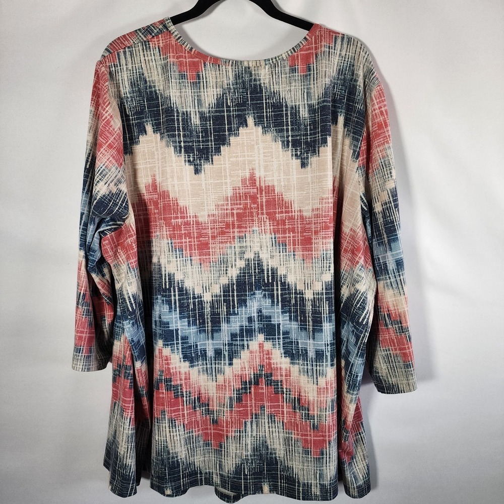 Catherines 3X Tunic Top Ikat Chevron Blue Coral Linen Blend Tassel V-Neck 3/4 Sl - Picture 3 of 9